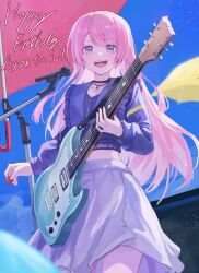  :d absurdres bang_dream! bang_dream!_it&#039;s_mygo!!!!! black_choker blue_eyes blue_jacket blue_shirt character_name chihaya_anon choker cowboy_shot cropped_jacket earrings electric_guitar english_text female frilled_jacket frills grey_skirt guitar happy_birthday highres holding holding_guitar holding_instrument holding_plectrum instrument jacket jewelry long_hair long_sleeves looking_at_viewer microphone microphone_stand midriff necklace nppc open_mouth pink_hair plectrum red_umbrella shirt skirt smile solo standing umbrella very_long_hair yellow_umbrella 