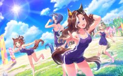  4girls ahoge air_messiah_(umamusume) armpits ass bad_link balloon banner barefoot blue_hair blush braid breasts brown_hair cesario_(umamusume) cloud collarbone covered_navel crown_braid daring_heart_(umamusume) green_eyes green_hair lens_flare long_hair medium_breasts mole mole_on_collarbone multiple_girls ocean official_art open_mouth purple_eyes rhein_kraft_(umamusume) school_swimsuit sky standing standing_on_one_leg sun swimsuit umamusume 