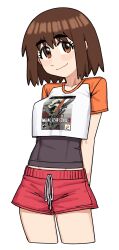  absurdres arms_behind_back ayase_fuuka blush_stickers brown_eyes brown_hair commentary crop_top cropped_legs english_commentary female groin highres looking_to_the_side metal_gear_(series) metal_gear_solid_2:_sons_of_liberty namesben5 raglan_sleeves shirt short_hair short_shorts short_sleeves shorts smile solo swimsuit swimsuit_under_clothes t-shirt yotsubato! 