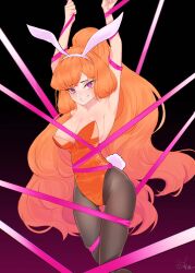  1girls big_breasts bunny_ears bunny_tail cleavage clothing corset female ginger ginger_hair heart-shaped_pupils ishmael_(limbus_company) limbus_company long_hair looking_at_viewer orange_hair pink_eyes ponytail project_moon restrained sideboob upscaled 