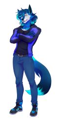  absurd_res alexander_thunderwolfe_(chrislshack1998) anthro blue_body blue_bottomwear blue_clothing blue_footwear blue_fur blue_highlights blue_jacket blue_jeans blue_pants blue_shoes blue_tongue blue_topwear bottomwear canid canine canis clothing crossed_arms denim denim_bottomwear denim_clothing footwear fur hi_res highlights_(coloring) jacket jeans juneaupaws looking_aside male mammal navy_shirt orange_eyes pants shoes tongue topwear wolf 