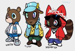  2024 2_horns anthro bear biped bovid brown_body brown_fur caprine curved_horn domestic_cat felid feline felis fur goat graduation_(album) group horn inksaji kanye_west_(character) looking_at_viewer male mammal multicolored_eyes rainbow_eyes trio 