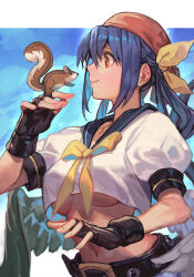  angel_wings asymmetrical_wings belt black_belt blue_hair blue_sailor_collar bow bowtie breasts crop_top dizzy_(guilty_gear) female fingerless_gloves gloves guilty_gear guilty_gear_xx hair_between_eyes hair_rings hairbow hat hungry_clicker long_hair medium_breasts midriff navel red_eyes red_hat sailor_collar sailor_shirt shirt sidelocks smile squirrel squirrel_tail tail twintails underboob wings yellow_bow yellow_bowtie 