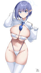  aoi_(blue_archive) bikini blue_archive blue_eyes blue_hair blush breasts cropped_jacket earrings eyepatch_bikini female gloves halo highres ibara_azuki jacket jewelry large_breasts long_sleeves looking_at_viewer mole mole_under_eye navel necktie pointy_ears short_hair shrug_(clothing) skindentation solo swimsuit thighhighs thighs white_bikini white_gloves white_jacket white_thighhighs 