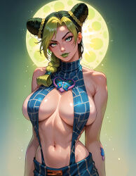  ai_generated athletic_female cleavage colored_hair colored_nails double_bun fr34ky huge_breasts jojo&#039;s_bizarre_adventure jolyne_kujo nail_polish sideboob 