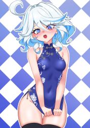  :o absurdres ahoge alternate_costume bare_shoulders black_thighhighs blue_background blue_dress blue_eyes blue_hair blue_pupils blush breasts checkered_background china_dress chinese_clothes commentary covered_navel cowboy_shot dress dress_tug drop-shaped_pupils female furina_(genshin_impact) genshin_impact hair_between_eyes heterochromia highres light_blue_hair looking_at_viewer medium_hair multicolored_hair oldsickkim sleeveless sleeveless_dress small_breasts solo streaked_hair symbol-shaped_pupils teeth thighhighs upper_teeth_only white_background white_hair 