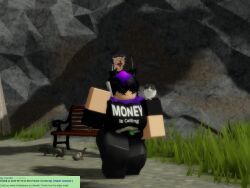  3d bench birds black_hair black_shirt cats goofylookin grass grey_pants large_breasts light-skinned_female on_phone path phone_call request roblox rocks sfw short_hair source_request text_on_clothing valkyrie walking 