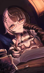  absurdres black_choker black_dress black_hair black_nails book breasts chest_belt choker cleavage dress female glasses grey_hair hair_ornament highres hololive hololive_english large_breasts long_hair looking_at_viewer mcking multicolored_hair shiori_novella shiori_novella_(1st_costume) smile solo split-color_hair two-tone_hair virtual_youtuber yellow_eyes 