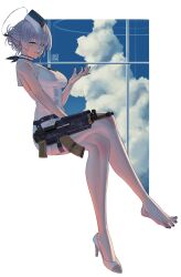  absurdres aks-74u assault_rifle barefoot black_nails blue_archive blue_sky breasts cloud crossed_legs dress feet female garrison_cap grey_eyes grey_hair gun hair_ornament halo hat highres itokonoue_kaoru kalashnikov_rifle knees_together_feet_apart legs long_hair nail_polish necktie pencil_dress project_kv puto_trash rifle shoes short_necktie single_shoe sky toenail_polish toenails toes utnapishtim_operator_uniform_(blue_archive) weapon white_dress 