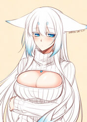  animal_ears blue_eyes blush breasts cleavage cleavage_cutout closed_mouth clothing_cutout commentary_request dated ears_down female fox_ears gradient_hair hair_between_eyes jewelry konshin large_breasts long_hair long_sleeves looking_at_viewer meme_attire multicolored_hair necklace open-chest_sweater orie_mishiro original ribbed_sweater short_eyebrows signature solo sweater upper_body white_hair 