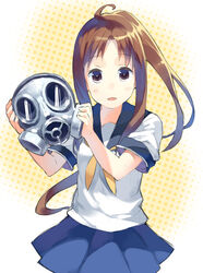  ahoge brown_hair commentary_request female gas_mask gas_mask_girl long_hair mask photoshop_(medium) ponytail school_uniform serafuku sidelocks skirt solo ujiie_kirika yasu 