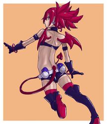  bat_wings boots commentary_request demon_girl demon_wings disgaea disgaea_d2 earrings etna_(disgaea) female from_behind gloves highres jewelry looking_back osome_tei red_hair short_shorts shorts solo tail thigh_boots thighhighs twintails wings 