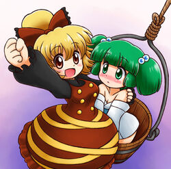  2girls :d :o bare_shoulders black_shirt blonde_hair blunt_bangs blush bow breasts brown_bow brown_dress brown_eyes bucket cleavage clenched_hand collarbone collared_shirt commentary_request dress from_below gradient_background green_eyes green_hair hair_between_eyes hair_bobbles hair_ornament hairbow hand_on_another&#039;s_shoulder hand_up in_bucket in_container japanese_clothes kimono kisume kurodani_yamame large_breasts long_sleeves looking_at_another looking_at_viewer multiple_girls nitamago nose_blush obi off_shoulder open_mouth parted_lips ponytail rope sash shirt short_hair small_breasts smile standing touhou twintails two-tone_background undershirt white_kimono wooden_bucket 