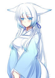  animal_ears apron blue_eyes blue_ribbon blush breasts closed_mouth commentary_request dated ears_down female fox_ears fox_tail gradient_hair hair_ribbon konshin long_hair long_sleeves medium_breasts multicolored_hair orie_mishiro original ribbon short_eyebrows signature simple_background solo tail upper_body white_apron white_background white_hair wide_sleeves 