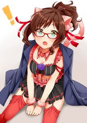  ! animal_ears blush brown_hair cat_ears cat_tail commentary_request female garter_straps glasses gradient_background green_eyes highres idolmaster idolmaster_cinderella_girls jacket maekawa_miku midriff oerba_yun_fang open_mouth over_the_collar_(idolmaster) ponytail red-framed_eyewear red_thighhighs revision short_hair solo tail tarachine thighhighs 