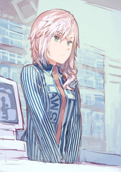  &eacute;clair_farron cashier commentary_request employee_uniform female final_fantasy final_fantasy_xiii green_eyes lawson long_hair photoshop_(medium) pink_hair solo standing uniform v_arms yasu 