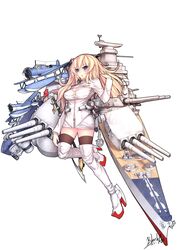  absurdres battleship blackaz blonde_hair breasts commentary_request female hair_ribbon highres large_breasts mecha_musume military military_vehicle miniskirt navy original personification ribbon seaplane ship simple_background skirt solo sword thighhighs united_states uss_iowa_(bb-61) vought_os2u_kingfisher warship watercraft weapon white_background zettai_ryouiki 