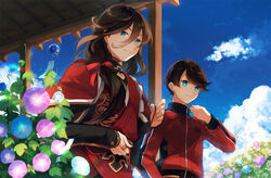  2boys bangs black_hair brown_hair buttons earrings endend_(shinia) hair_between_eyes horikawa_kunihiro izumi-no-kami_kanesada jewelry long_hair male male_focus multiple_boys short_hair sky touken_ranbu upper_body very_long_hair 