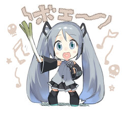  aqua_eyes aqua_hair chibi commentary_request detached_sleeves female hatsune_miku heart heart_in_mouth long_hair microphone music musical_note necktie open_mouth photoshop_(medium) singing skirt skull smile solo spring_onion thighhighs twintails very_long_hair vocaloid yasu zettai_ryouiki 