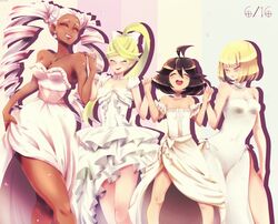  4girls ahoge arms_(game) bare_shoulders blonde_hair breasts brown_hair cleavage closed_eyes commentary_request dark-skinned_female dark_skin dress drill_hair flat_chest grin highres holding_hands long_hair mechanica_(arms) medium_breasts min_min_(arms) multiple_girls ponytail ribbon_girl_(arms) ribbon_hair runapiero short_hair side_slit small_breasts smile twin_drills twintelle_(arms) wedding_dress white_dress 