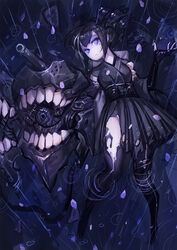  abyssal_ship ancient_destroyer_princess black_footwear black_hair black_thighhighs blue_eyes boots colored_skin commentary drill_hair female from_above glowing glowing_eyes gods_(1073337800) highres japanese_clothes kantai_collection kimono long_hair mole mole_under_eye photoshop_(medium) rain side_ponytail solo thigh_boots thighhighs torn_boots water white_skin 