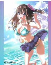  absurdres barefoot beach bikini blue_sky blush breasts brown_hair cleavage clothes_lift cloud day female hair_ribbon highres large_breasts long_hair looking_at_viewer maruta navel ocean open_mouth outdoors pleated_skirt purple_eyes ribbon school_uniform shirt skirt skirt_lift sky smile solo strap_gap swimsuit underwear undressing water 