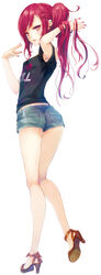  akabane_eiri arm_up ass braid clothes_writing commentary_request cutoffs denim denim_shorts earrings english_text female fingernails french_braid grey_shorts high_heels highres jewelry jitome kneepits long_hair long_legs looking_back nail_polish namanie official_art parted_lips photoshop_(medium) psycome red_eyes red_hair sandals short_shorts shorts side_ponytail simple_background solo very_long_hair white_background 