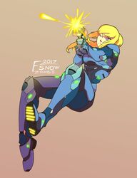  2017 armor blonde_hair blue_bodysuit bodysuit commentary english_commentary female fsnowzombie gun handgun highres holding holding_gun holding_weapon long_hair metroid one_eye_closed paralyzer ponytail samus_aran shiny_clothes shoe_soles skin_tight solo weapon zero_suit 