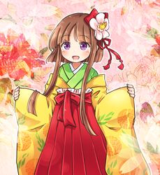  alternate_costume blunt_bangs blush brown_hair check_commentary commentary_request cosplay female floral_print flower hair_flower hair_ornament hair_ribbon hakama hakama_short_skirt hakama_skirt hieda_no_akyuu hieda_no_akyuu_(cosplay) high-waist_skirt japanese_clothes kimono long_sleeves looking_at_viewer nishida_satono open_mouth pote_(ptkan) purple_eyes red_ribbon red_skirt ribbon short_hair_with_long_locks skirt sleeves_past_wrists smile solo standing touhou white_flower wide_sleeves yellow_kimono 