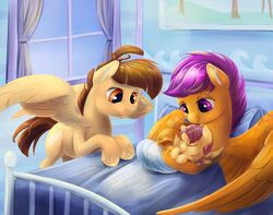  2015 baby brown_body brown_eyes brown_feathers brown_hair digital_media_(artwork) equid equine feathered_wings feathers featherweight_(mlp) female feral friendship_is_magic group hair hasbro hi_res hospital inside male mammal my_little_pony mythological_creature mythological_equine mythology orange_body orange_feathers pegasus purple_eyes purple_hair romantic romantic_couple scootaloo_(mlp) viwrastupr wings young 