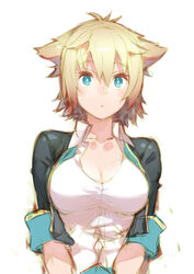  animal_ears black_hair blonde_hair blue_eyes blush breasts cleavage_cutout clothing_cutout commentary_request female gj-bu kirara_bernstein large_breasts looking_at_viewer multicolored_hair photoshop_(medium) shirt short_hair sleeves_rolled_up solo taut_clothes taut_shirt two-tone_hair v_arms yasu 