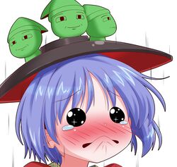  black_eyes blush commentary_request faust_(guilty_gear) female frown guilty_gear guilty_gear_xrd hat little_green_men oden_(th-inaba) parody purple_hair simple_background smiley_face solo sparkling_eyes style_parody sukuna_shinmyoumaru tears touhou upper_body wavy_eyebrows wavy_mouth white_background 