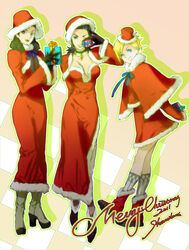  3girls amano_maya black_hair blonde_hair breasts christmas cleavage commentary_request fur_trim gift hat lisa_silverman mayuzumi_yukino medium_breasts multiple_girls persona persona_2 persona_2_tsumi photoshop_(medium) santa_costume santa_hat shaliva 