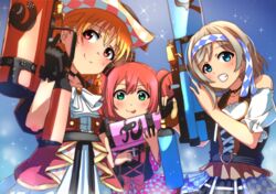  3girls :p ajapar ascot black_gloves blue_background blue_eyes braid checkered commentary_request cross-laced_clothes cyaron!_(love_live!) frilled_skirt frills gloves green_eyes grey_hair grin hachimaki hat headband holding holding_water_gun idol kinmirai_happy_end kurosawa_ruby looking_at_viewer love_live! love_live!_sunshine!! multiple_girls orange_hair red_eyes short_sleeves side_braid skirt smile sparkle takami_chika tongue tongue_out two_side_up watanabe_you water_gun white_ascot 