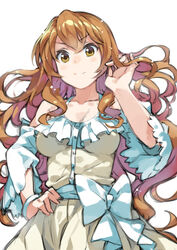  &gt;:) blush bow bracelet breasts brown_eyes brown_hair commentary_request dress female frills golden_time hand_on_own_hip jewelry kaga_kouko medium_breasts photoshop_(medium) smile solo v-shaped_eyebrows yasu 