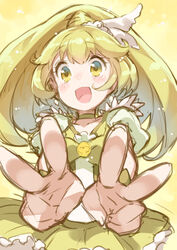  blonde_hair blush bow choker commentary_request cure_peace double_v female foreshortening frilled_skirt frills hair_flaps long_hair magical_girl open_mouth photoshop_(medium) precure skirt smile smile_precure solo v yasu yayoi_kise yellow_background yellow_bow yellow_eyes yellow_skirt yellow_theme 