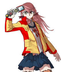  akashi_(kancolle) akashi_satoru akashi_satoru_(cosplay) cellphone commentary_request cosplay female gogo_sentai_boukenger green_eyes hair_ribbon hip_vent jacket kantai_collection long_hair looking_at_viewer name_connection phone pink_hair ribbon school_uniform serafuku skirt solo super_sentai thighhighs tress_ribbon zim_(artist) 