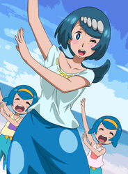  3girls ;d ^_^ baggy_pants beach blue_sky blush blush_stickers breasts closed_eyes cloud collarbone commentary_request dancing day hairband happy harper_(pokemon) highres lana&#039;s_mother_(pokemon) lolicon looking_at_viewer mature_female medium_breasts mother_and_daughter multiple_girls ocean one_eye_closed open_mouth outdoors pants pokemon pokemon_(anime) pokemon_sm_(anime) ponytail sarah_(pokemon) scoop_neck shirt short_sleeves siblings sisters skirt sky smile tank_top twins yuukami_(wittsu) z-move z-move_trainer_pose 