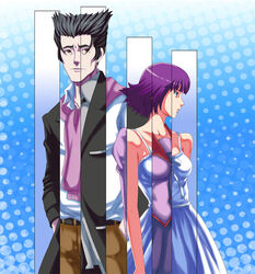  1boy black_eyes black_hair blue_eyes commentary_request dress female formal kaiki_deishuu kimagure_orange_road kogarashi_sentiment koimonogatari monogatari_(series) naoetsu_high_school_uniform parody photoshop_(medium) purple_hair school_uniform senjougahara_hitagi short_hair suit taixiezhu 