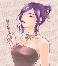  bare_shoulders breasts cleavage commentary_request dress faris_scherwiz female final_fantasy final_fantasy_5 fork green_eyes hair_up jewelry lipstick makeup medium_breasts necklace one_eye_closed purple_hair sarisa_highwind_tycoon solo strapless strapless_dress you-stg 