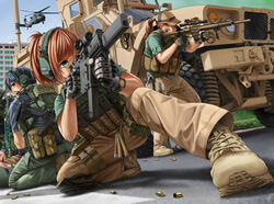  1boy 2girls absurdres action aiming aircraft assault_rifle bag battle_rifle black_hair blood boots brown_eyes building chinese_text city commentary crosswalk dated english_commentary foreshortening gloves glowstick green_eyes ground_vehicle gun h&amp;k_g28 h&amp;k_hk416 h&amp;k_hk417 handgun hat headset heckler_&amp;_koch helicopter highres holding holding_gun holding_weapon holster injury jpc knee_pads kneeling kriss_vector load_bearing_vest long_hair looking_back magazine_(weapon) military military_operator military_truck military_vehicle motor_vehicle multiple_girls on_one_knee original radio rifle road road_sign scope shadow shell_casing short_hair shouting sign signature sleeves_rolled_up sniper_rifle street submachine_gun taiwan thigh_holster truck uh-60_blackhawk walkie-talkie war watch weapon wristwatch 