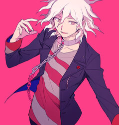  1boy aokiku arm_up black_jacket chained chains chains collar collarbone commentary_request danganronpa eyebrows_visible_through_hair hair_between_eyes highres jacket komaeda_nagito looking_to_the_side medium_hair multicolored_shirt open_clothes open_jacket open_mouth out_of_frame pink_background pink_eyes shirt simple_background solo striped striped_shirt super_danganronpa_2 upper_body white_hair 