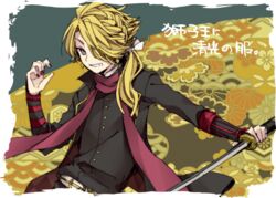  1boy blonde_hair commentary_request cosplay grin hair_over_one_eye kashuu_kiyomitsu kashuu_kiyomitsu_(cosplay) katana kikumon long_hair male_focus nail_polish ponytail red_nails red_scarf saku_anna scarf seigaiha shishiou_(touken_ranbu) smile solo sword touken_ranbu translated weapon yellow_eyes 