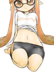  :&lt; arm_support arms_behind_back bare_legs barefoot beanie bike_shorts bike_shorts_pull blush clothes_lift clothes_pull collarbone commentary_request female groin hat inkling inkling_girl inkling_player_character leaning_back long_hair looking_at_viewer monster_girl navel orange_eyes orange_hair pointy_ears seiza shirt_lift shishou_(xxsisyou) short_sleeves shorts shorts_pull sidelocks simple_background sitting solo splatoon_(series) splatoon_1 tentacle_hair toes white_background 