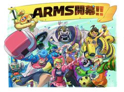  4girls 6+boys @_@ arms_(game) barq bike_shorts blue_eyes bodysuit boxing_gloves byte_(arms) chakram_(arms) cobushii_(arms) colored_skin commentary confetti copyright_name dna_man_(arms) domino_mask drill_hair everyone flag goggles green_eyes grin helmet heterochromia highres kid_cobra long_arms long_hair looking_at_viewer mask master_mummy_(arms) meandros mecha mechanica_(arms) megawatt_(arms) min_min_(arms) monster_boy multiple_boys multiple_girls mummy ninjara_(arms) official_art one_eye_closed open_mouth orange_eyes pantyhose pantyhose_under_shorts pompadour ponytail purple_eyes purple_skin release_date ribbon_girl_(arms) ribbon_hair robot shoes short_hair shorts skirt slime_boy smile sneakers sparky_(arms) spring_man_(arms) toaster_(arms) twin_drills twintails twintelle_(arms) waving_flag yamamoto_yuu 