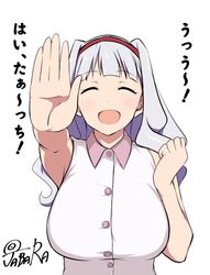  artist_name blush breasts cleavage closed_eyes commentary cosplay female grey_hair hagiwara_yukiho hagiwara_yukiho_(cosplay) hairband headband idolmaster idolmaster_(classic) jabara_tornado large_breasts long_hair looking_at_viewer open_mouth shijou_takane shirt simple_background smile solo translated upper_body white_background 