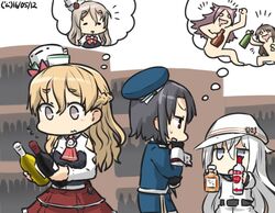  3girls alcohol anchor_symbol ascot ashigara_(kancolle) bare_shoulders beret black_gloves blonde_hair bottle braid commentary corset dated flat_cap flying_sweatdrops french_braid gloves grey_hair hair_ornament hammer_and_sickle hamu_koutarou hat hibiki_(kancolle) hibiki_(whisky) imagining jun&#039;you_(kancolle) kantai_collection long_hair military military_uniform mini_hat multiple_girls name_connection object_namesake pola_(kancolle) sake sake_bottle shelf smirnoff_(vodka) star_(symbol) sweat takao_(kancolle) translated uniform verniy_(kancolle) vodka wavy_hair white_hair wine wine_bottle zara_(kancolle) 