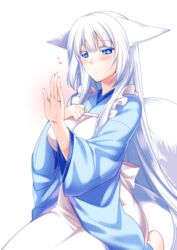  animal_ears apron barefoot blue_eyes blue_kimono blush breasts closed_mouth commentary_request ears_down female fox_ears fox_tail hand_on_own_chest hand_up heart japanese_clothes jewelry kimono konshin large_breasts long_sleeves orie_mishiro original ring seiza short_eyebrows sitting solo tail wedding_ring white_apron white_background 