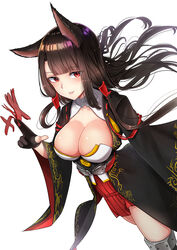  absurdres akagi_(azur_lane) animal_ears azur_lane bad_id bad_pixiv_id bangs black_hair blunt_bangs blush breasts brown_hair cleavage collarbone commentary eyebrows_visible_through_hair floating_hair fox_ears fox_tail gloves gui_ss hair_ribbon highres japanese_clothes large_breasts long_hair long_sleeves looking_at_viewer multiple_tails parted_lips partly_fingerless_gloves red_eyes revision ribbon rigging sidelocks simple_background skindentation smile solo tail tassel thighhighs tress_ribbon white_background wide_sleeves 