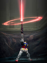  beam_rifle commentary damaged energy_gun firing gundam headless highres ksenolog last_shooting mecha mobile_suit_gundam no_humans realistic rx-78-2 science_fiction solo spoilers weapon 